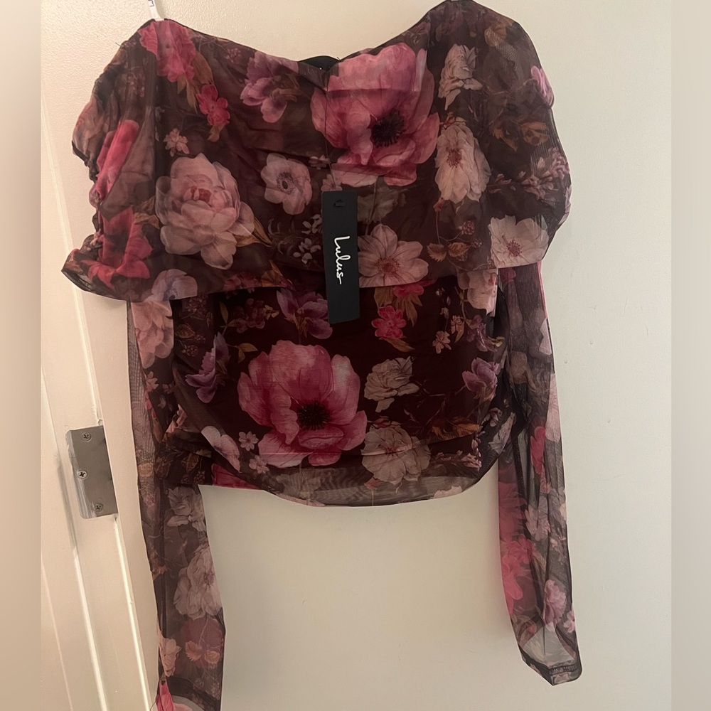 Purple/ pink/ brown sheer mesh floral off shoulder top
